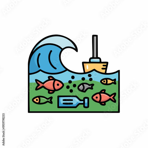 Pollution occurs in ocean with wave crashing on shoreline near factory pipe releasing waste into water with fish and bottle