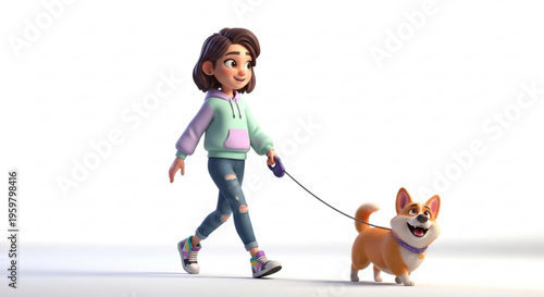 A young girl walking her happy corgi dog on a leash in a playful scene