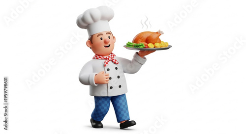 A cheerful cartoon chef holding a platter of roasted turkey and vegetables in a modern kitchen setting