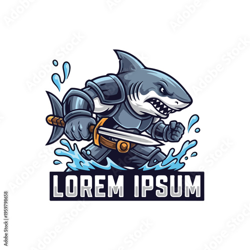 A cartoon angry shark mascot wearing armor and holding a sword in water with a dynamic splash effect