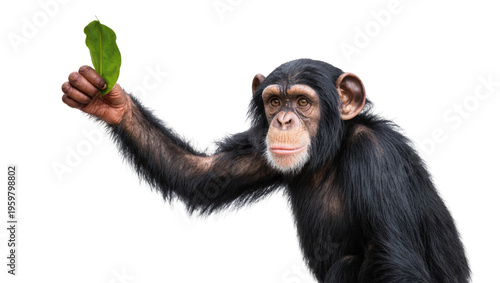 Adorable chimpanzee portrait holding a fresh green leaf, looking directly at the camera