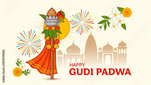 People celebrate Gudi Padwa with traditional Indian decorations and fireworks outdoors