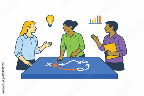 Team brainstorming session with strategic planning on a blueboard