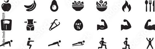 Health and fitness vector icon set with nutrition diet food and workout exercise symbols 