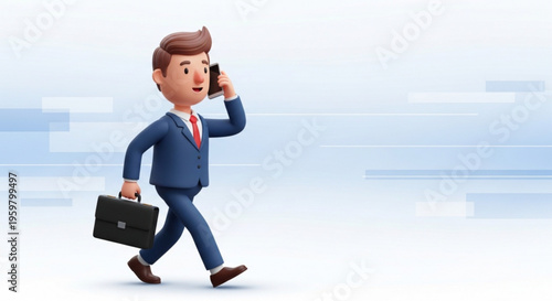 A cartoon businessman walking and talking on his phone with a briefcase in hand