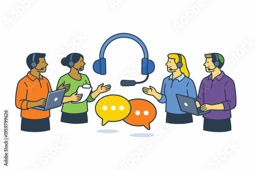 Team engaged in customer support through headsets and laptops