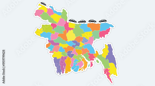 Colorful map of bangladesh with district divisions and car icons representing transportation.