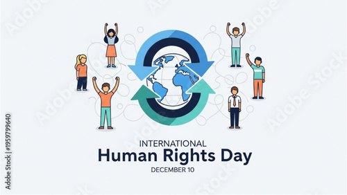 People celebrate International Human Rights Day with globe and arrows