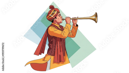 Man in traditional attire playing a trumpet outdoors with elegance