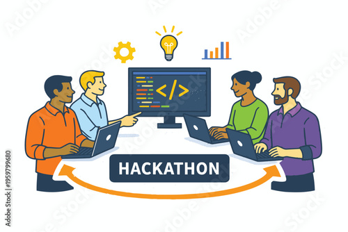 Collaborative team participating in a coding hackathon event.