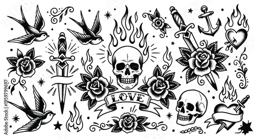 Vintage vector illustration of a seamless pattern with black and white flowers and skulls in a tribal tattoo style featuring decorative heraldry ornaments and floral design elements