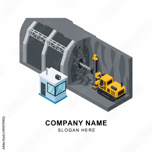 Isometric illustration of a tunnel boring machine (TBM) at work, excavating a tunnel with a control booth nearby.