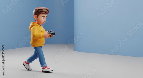 A cartoon boy walking and holding a video game controller in a blue room