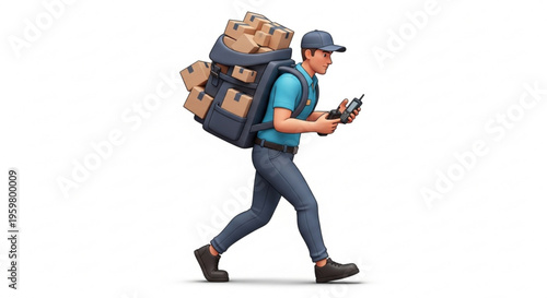 A delivery man walking with a large backpack full of packages while checking his phone
