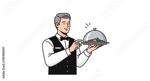 Elegant Waiter Serving Dish with Dome Cover in Restaurant.