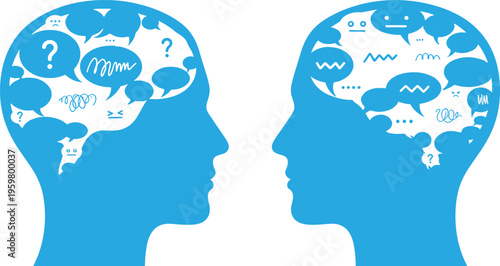 Conceptual Thinking and Communication Illustration with Two Human Heads and Speech Bubbles in Vector Style