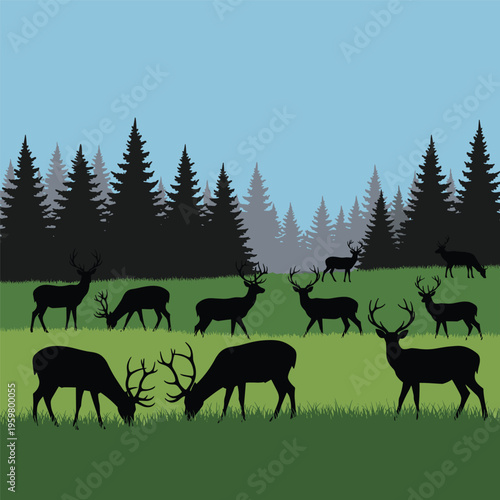 Deer Grazing in a Green Meadow.