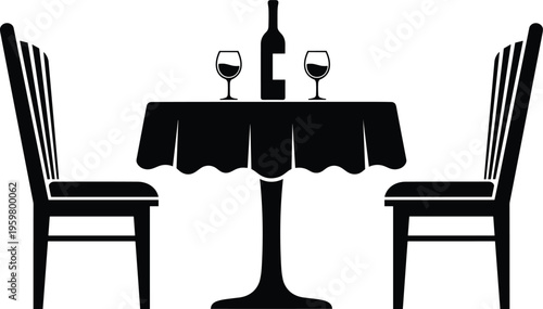 Black silhouette vector icon of a romantic dining table with tablecloth two chairs wine bottle and glasses isolated on a white background for restaurants.