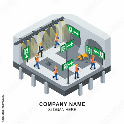 Isometric illustration of construction workers navigating a tunnel with directional signage and safety equipment.