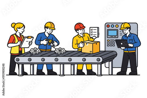 Team collaborating on an industrial assembly line process