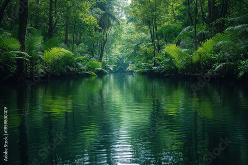 River flowing through lush jungle, surrounded by tall trees and clear water.