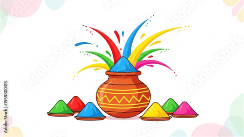 Vibrant colors explode from a traditional Indian pot surrounded by colorful powder piles.