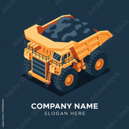 Isometric illustration of a large yellow mining dump truck loaded with coal, against a dark blue background.