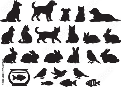 Domestic Pet Animals Silhouette Collection Vector Set