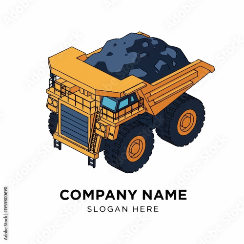 Isometric illustration of a large yellow mining dump truck filled with coal, suitable for industry or transport themes.
