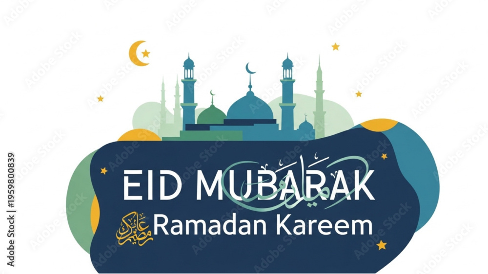 Naklejka premium Eid Mubarak celebration with mosque illustration and crescent moon