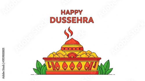 A vibrant illustration of a temple with offerings on Dussehra