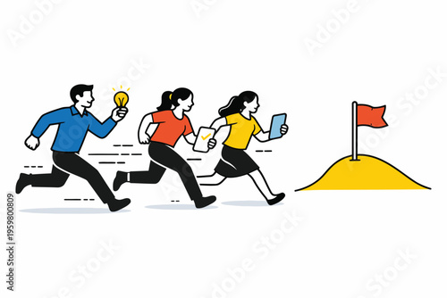 Team collaborating towards achieving a common goal with innovative ideas