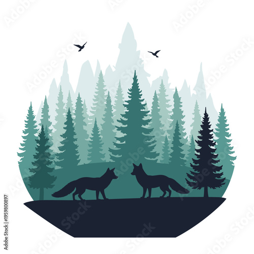 Two Foxes Facing Each Other Silhouette.