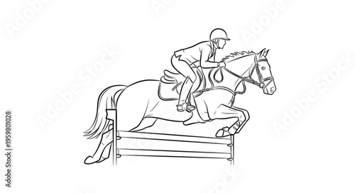 Equestrian athlete and horse jumping over obstacle in competition.