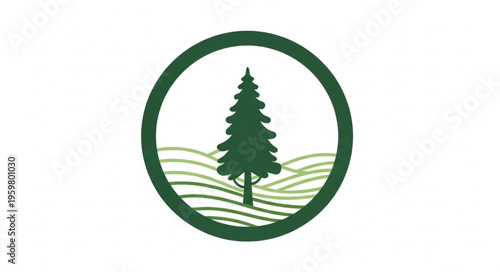 Evergreen Tree in Circle Emblem with Rolling Hills Illustration.