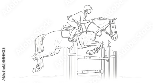 Equestrian athlete and horse gracefully leaping over an obstacle.
