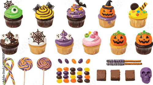 Set of colorful Halloween lollipops and sweet candies featuring spooky ghost pumpkin and swirl patterns isolated on white background for festive holiday party design