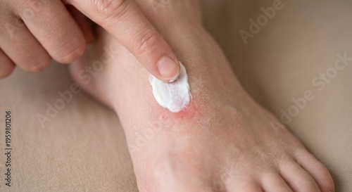 Applying medicinal ointment to irritated skin on foot