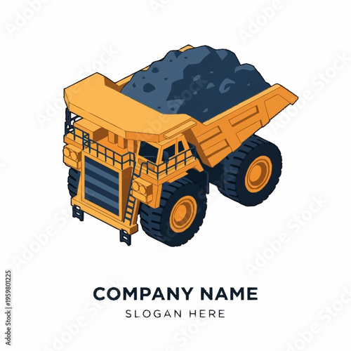 Isometric illustration of a large yellow mining dump truck carrying a load of coal.