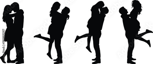 Set of romantic couple silhouettes featuring man and woman embracing kissing and lifting each other for love wedding and relationship themes
