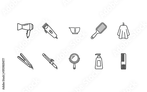 Professional hair styling and hairdressing tools icon set featuring hair dryer clipper flat iron curling wand brush and salon cape