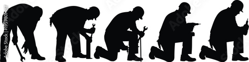 Set of manual worker silhouettes in various working poses using tools wearing hard hats for construction maintenance repair and industrial projects