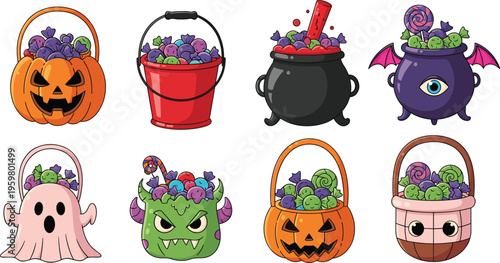 Set of cute Halloween trick or treat baskets featuring pumpkins ghost cauldron and monster buckets filled with candy isolated on white background for festive design