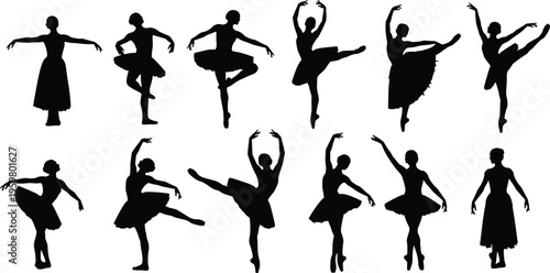 Set of ballerina silhouettes in various graceful dance poses including jumping and stretching for ballet school performance theater and artistic projects