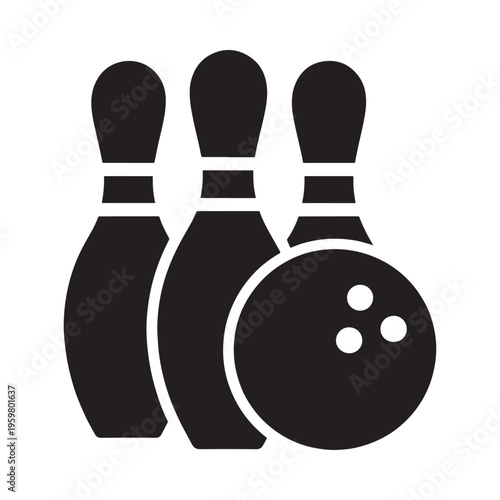 Simple black silhouette illustration of bowling pins and a bowling ball