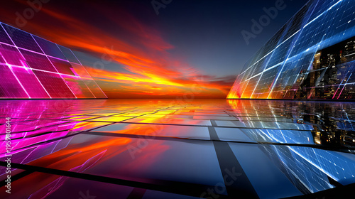 Abstract Digital Light Streaks with Geometric Reflection on Futuristic City Background