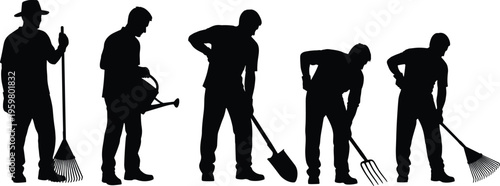 Black silhouettes of male gardeners and farmers working with tools like rake, shovel, pitchfork, and watering can, isolated on white