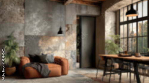 Intentionally defocused blurred background of modern dark loft interior. empty room space with armchair and table for mobile UI mockup, story design and blank copy space