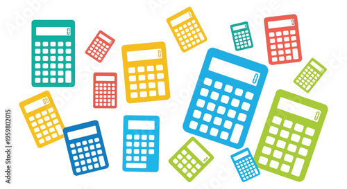 Colorful calculators scattered across a white background a vibrant silhouette