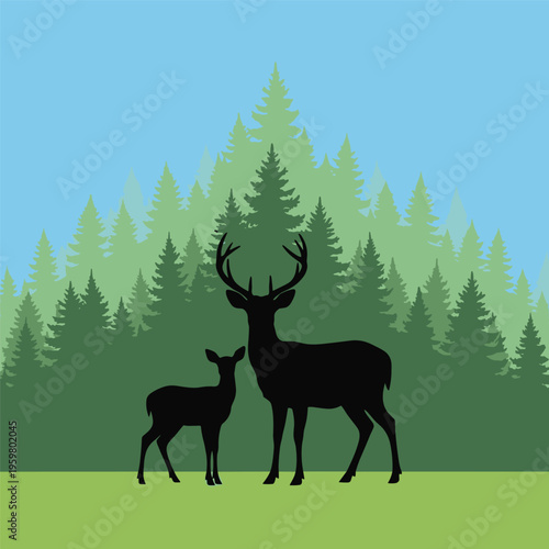 Deer and Fawn in Forest Meadow.